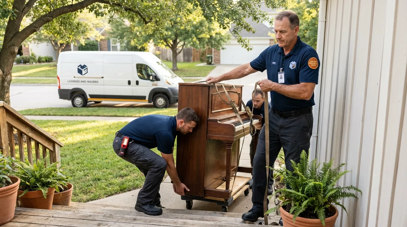 Licensed piano movers securing grand piano in Youngwood, PA
