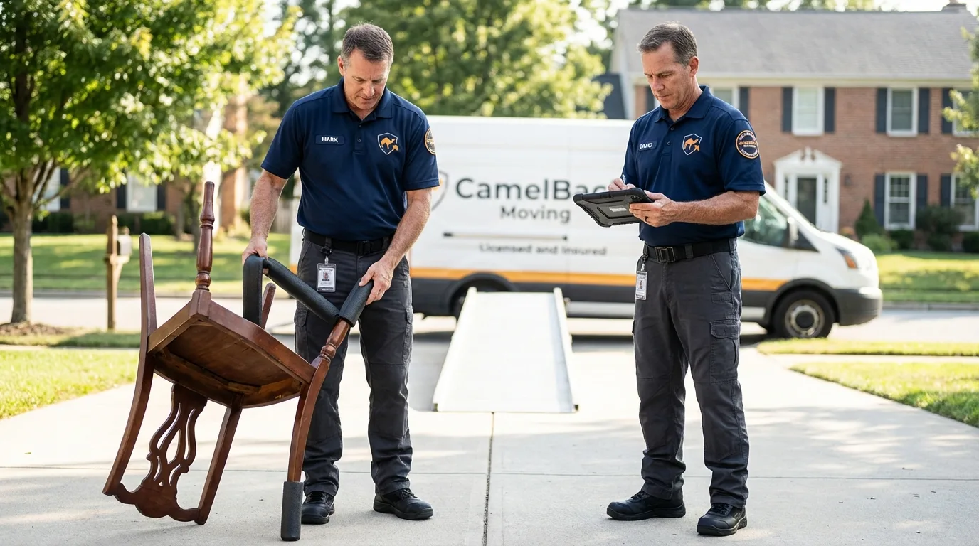 Movers inspecting furniture for damage prevention before loading in Youngwood, PA