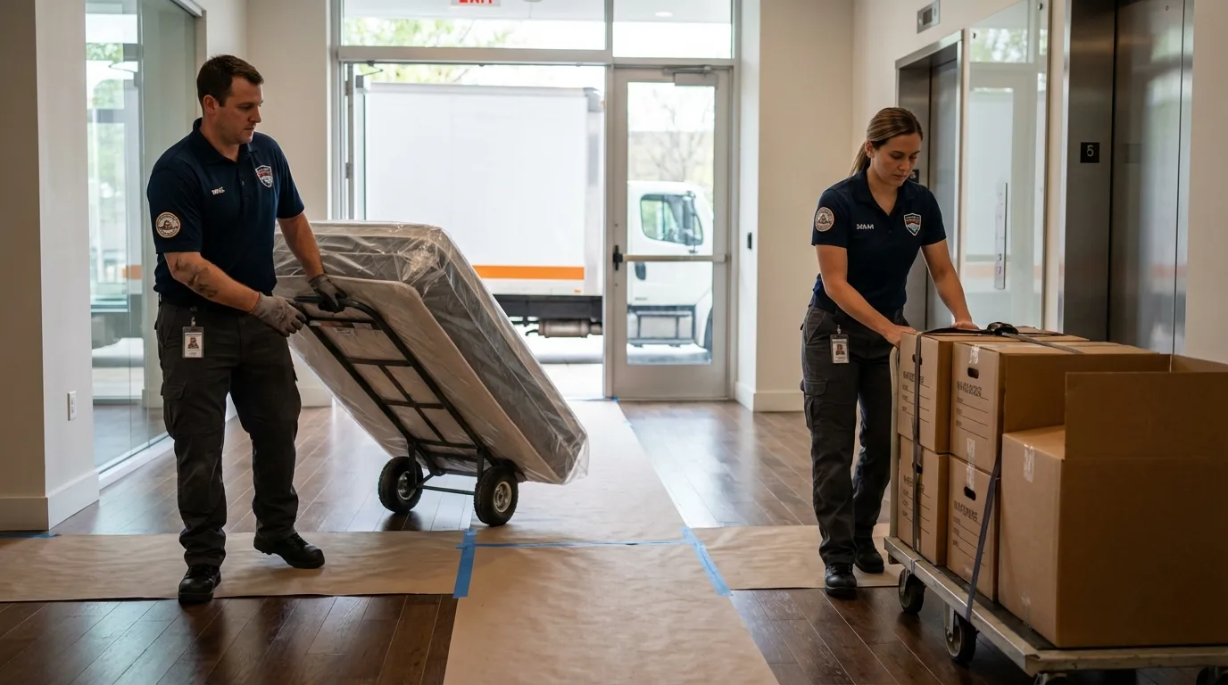 Professional apartment movers loading elevator in Youngwood, PA