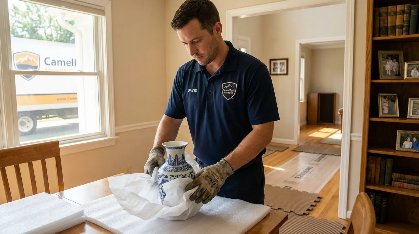 Professional crew carefully wrapping antique vase for senior downsizing move in Youngwood, PA